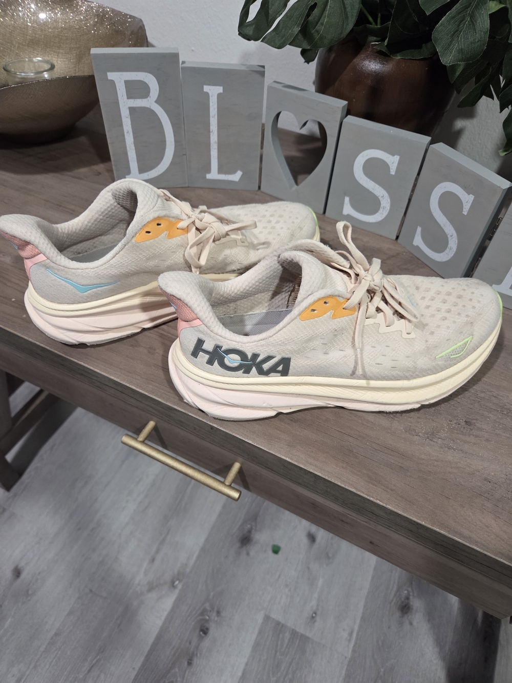 Hoka One One Women's Beige Running Shoes with Pink & Pastel Accents